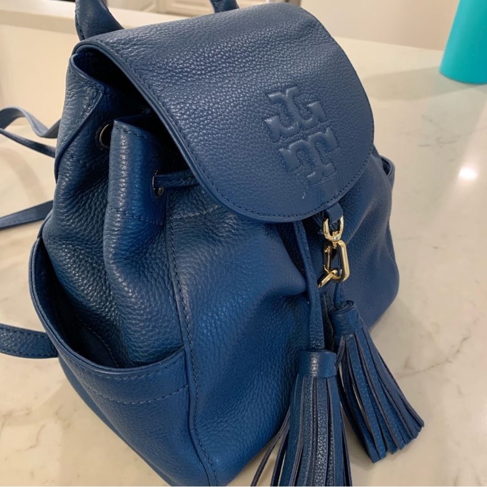 Tory Burch Blue Leather Backpack with Tassel Accents